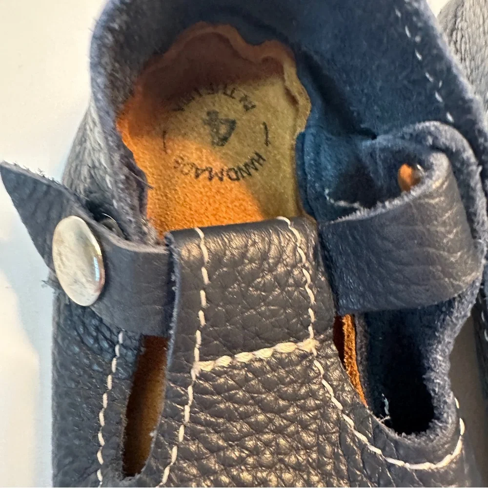 Navy Blue Mon Petit Shoes T-Strap Leather‎ Handmade Baby 4 Soft Soled Shoes